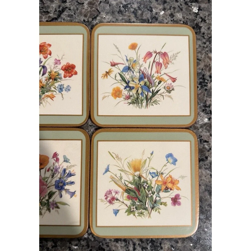 Vintage MINT Pimpernel Coasters Set of 4 Wooden Cork North American Wild Flowers